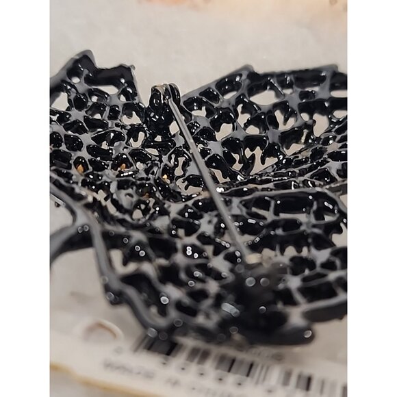 RALPH LAUREN vintage Black ONYX Leaf + flower enamel Brooch pin w Rhinestones - Picture 7 of 7